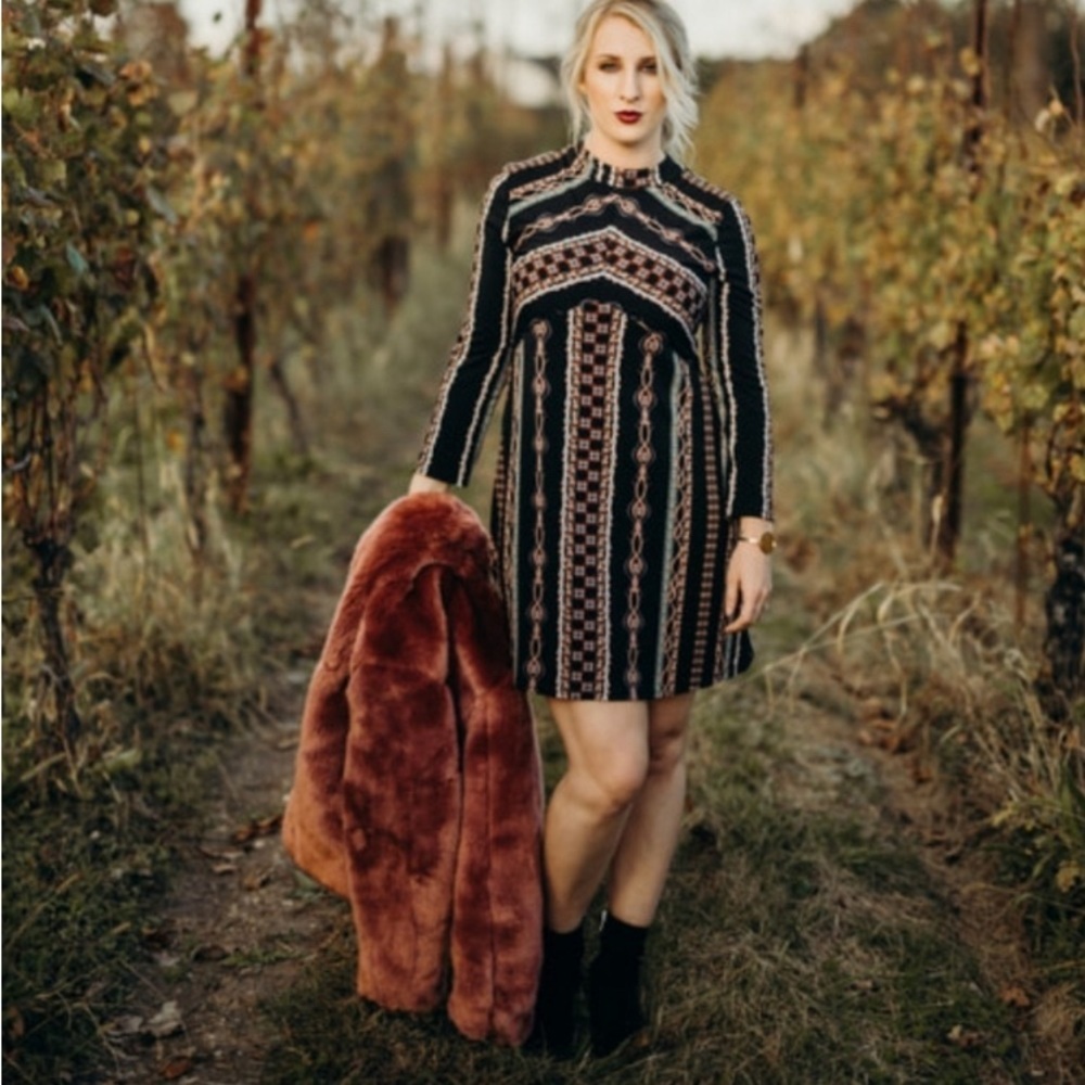 Free People Stella Mini Dress Small Graphic Retro Print Funky Long Sleeve NWT - Picture 13 of 13